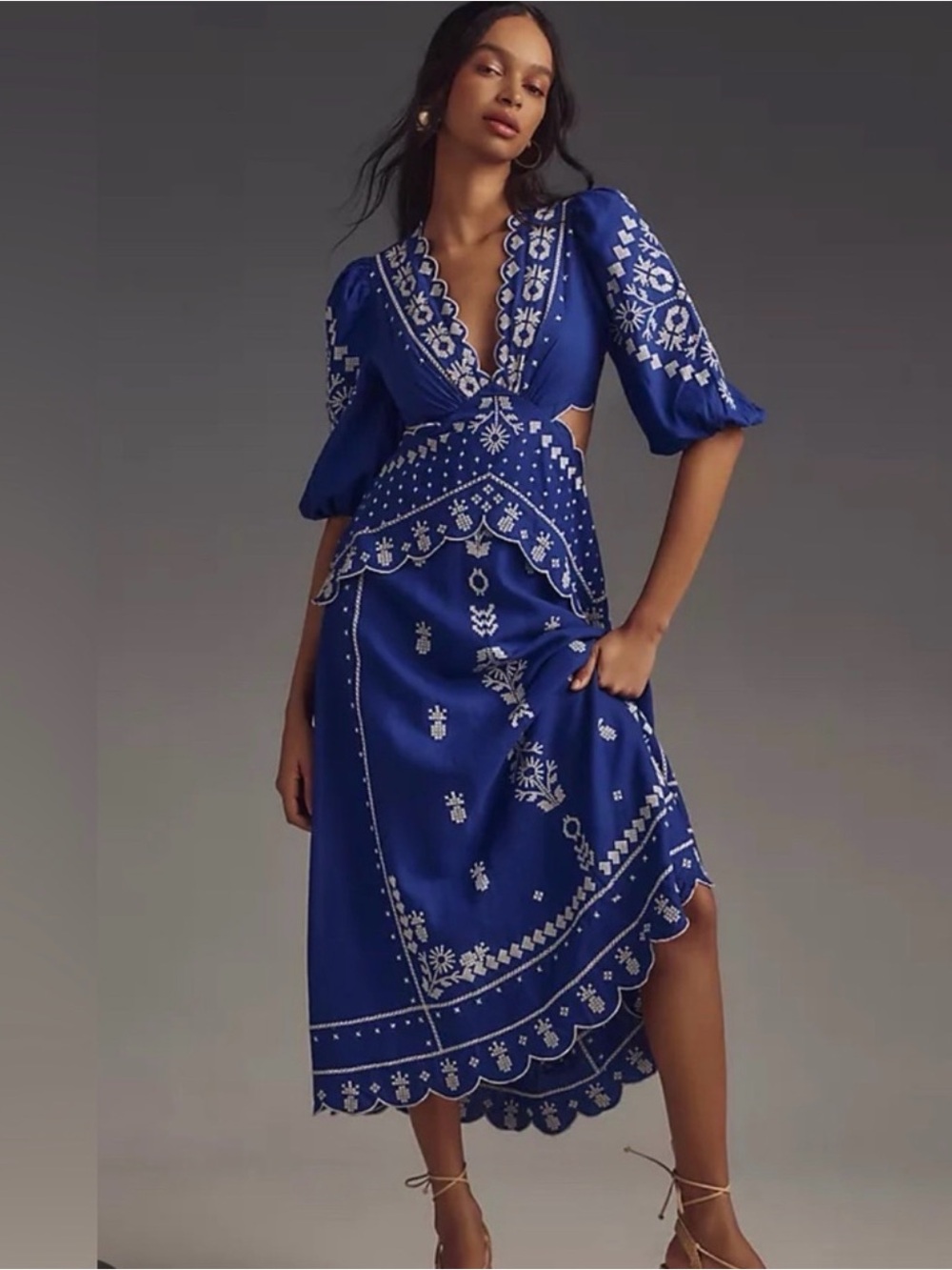 Farm Rio Embroidered Royal Blue V‑Neck Midi Dress Size L